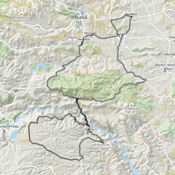 Miniatura della mappa di ispirazione al ciclismo "Tour in bici da Godelleta al Castello di Macastre" nella regione di Comunitat Valenciana, Spain. Generata da Tarmacs.app, pianificatore di rotte ciclistiche