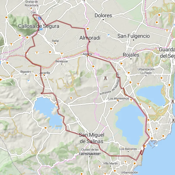 Karten-Miniaturansicht der Radinspiration "Rundtour Almoradí - Mirador del Molino - Torrevieja - Cox" in Comunitat Valenciana, Spain. Erstellt vom Tarmacs.app-Routenplaner für Radtouren