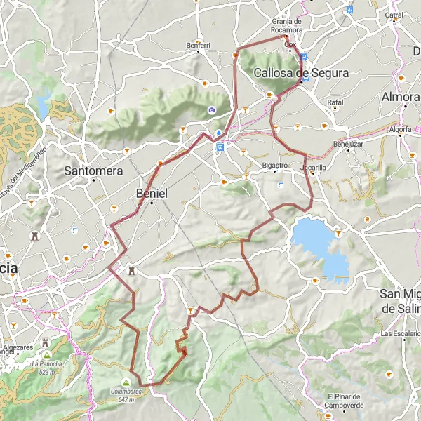 Miniatua del mapa de inspiración ciclista "Ruta de bicicleta de grava a Cox desde Granja de Rocamora" en Comunitat Valenciana, Spain. Generado por Tarmacs.app planificador de rutas ciclistas