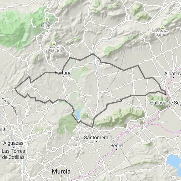 Miniature de la carte de l'inspiration cycliste "Tour des montagnes de Granja de Rocamora" dans la Comunitat Valenciana, Spain. Générée par le planificateur d'itinéraire cycliste Tarmacs.app