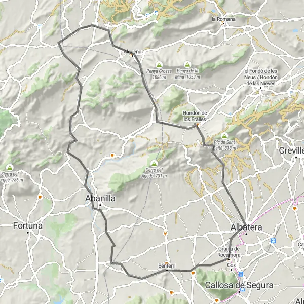 Miniatuurkaart van de fietsinspiratie "Uitdagende racefietsroute rondom Granja de Rocamora" in Comunitat Valenciana, Spain. Gemaakt door de Tarmacs.app fietsrouteplanner