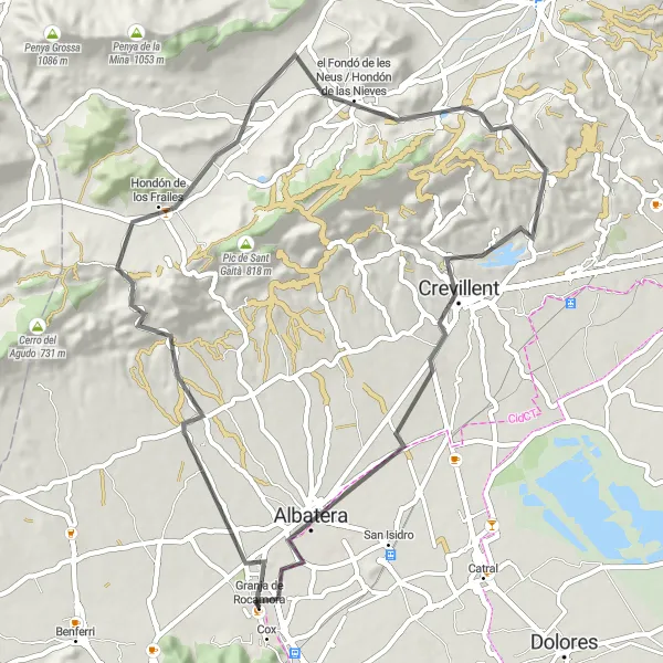 Miniatua del mapa de inspiración ciclista "Ruta a Cox desde Granja de Rocamora en carretera" en Comunitat Valenciana, Spain. Generado por Tarmacs.app planificador de rutas ciclistas