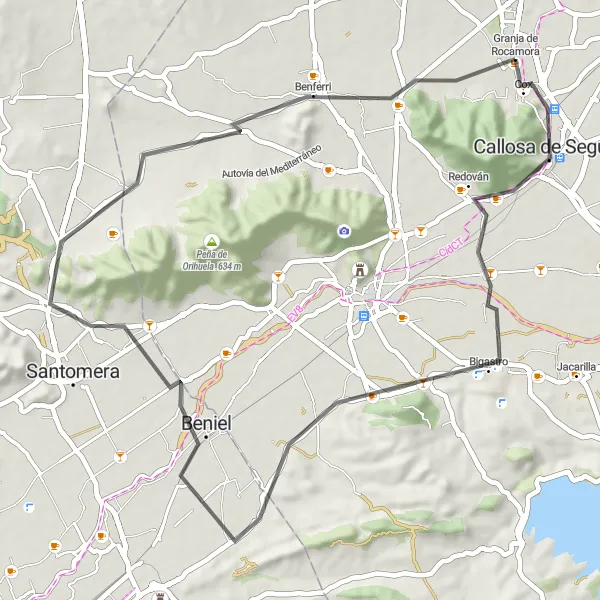 Miniatua del mapa de inspiración ciclista "Ruta de Granja de Rocamora a Benferri en carretera" en Comunitat Valenciana, Spain. Generado por Tarmacs.app planificador de rutas ciclistas