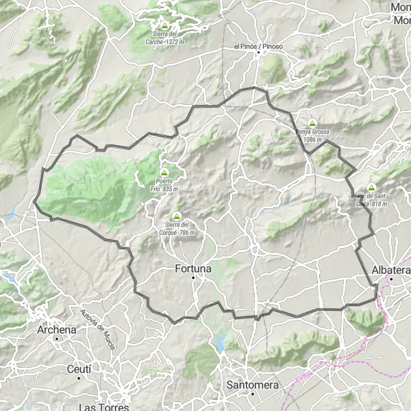 Karten-Miniaturansicht der Radinspiration "Rundtour Benferri - Los Valientes - Casablanca - Algueña - Hondón de los Frailes" in Comunitat Valenciana, Spain. Erstellt vom Tarmacs.app-Routenplaner für Radtouren