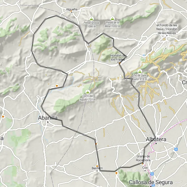 Miniature de la carte de l'inspiration cycliste "Parcours de Benferri à Albatera" dans la Comunitat Valenciana, Spain. Générée par le planificateur d'itinéraire cycliste Tarmacs.app