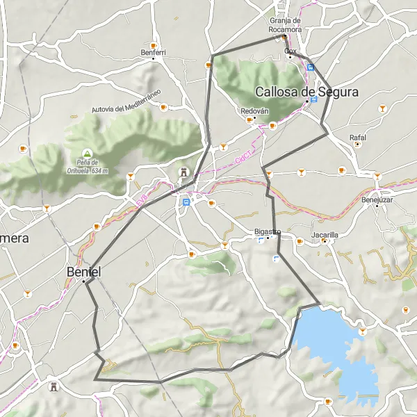 Miniatura della mappa di ispirazione al ciclismo "Viaggio in bicicletta Granja de Rocamora - Orihuela" nella regione di Comunitat Valenciana, Spain. Generata da Tarmacs.app, pianificatore di rotte ciclistiche