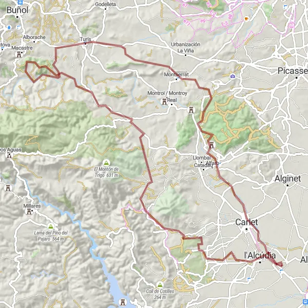 Miniatura della mappa di ispirazione al ciclismo "Giro in bicicletta da Guadassuar a Carlet" nella regione di Comunitat Valenciana, Spain. Generata da Tarmacs.app, pianificatore di rotte ciclistiche