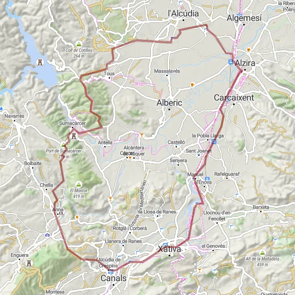 Map miniature of "Gravel Adventure through Xàtiva and Anna" cycling inspiration in Comunitat Valenciana, Spain. Generated by Tarmacs.app cycling route planner