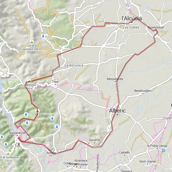 Miniatuurkaart van de fietsinspiratie "Gravel route van Guadassuar naar Guadassuar" in Comunitat Valenciana, Spain. Gemaakt door de Tarmacs.app fietsrouteplanner