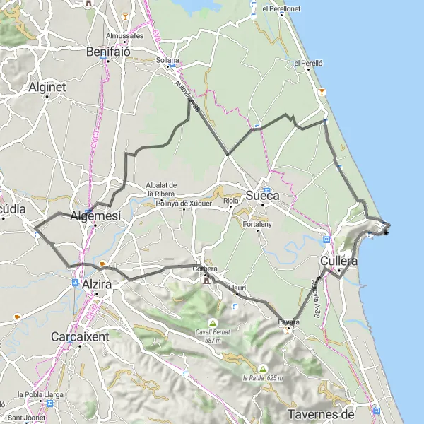 Map miniature of "Guadassuar - Algemesí - Mareny de Barraquetes - Pic dels Francesos - Cullera - Llaurí - Alzira" cycling inspiration in Comunitat Valenciana, Spain. Generated by Tarmacs.app cycling route planner