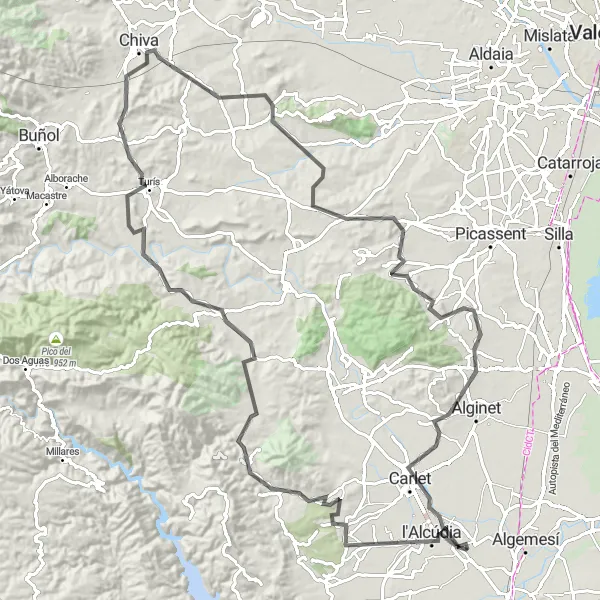 Map miniature of "Circular Route to Chiva and Carlet" cycling inspiration in Comunitat Valenciana, Spain. Generated by Tarmacs.app cycling route planner