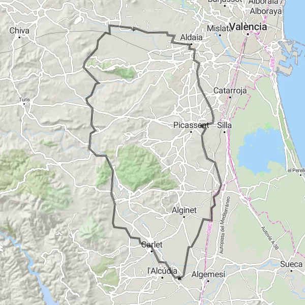 Miniatura della mappa di ispirazione al ciclismo "Giro in bicicletta da Guadassuar a Almussafes" nella regione di Comunitat Valenciana, Spain. Generata da Tarmacs.app, pianificatore di rotte ciclistiche