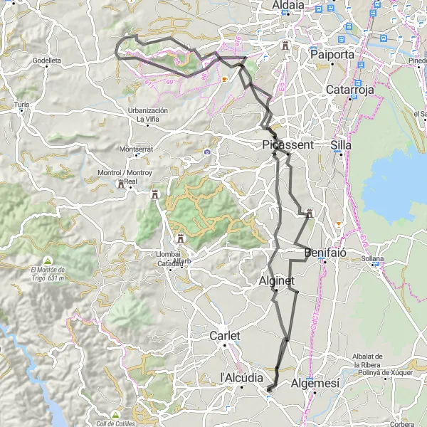 Map miniature of "Guadassuar to Alginet Loop" cycling inspiration in Comunitat Valenciana, Spain. Generated by Tarmacs.app cycling route planner