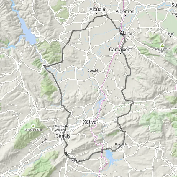 Karten-Miniaturansicht der Radinspiration "Herausfordernde Radtour durch die Umgebung von Guadassuar" in Comunitat Valenciana, Spain. Erstellt vom Tarmacs.app-Routenplaner für Radtouren