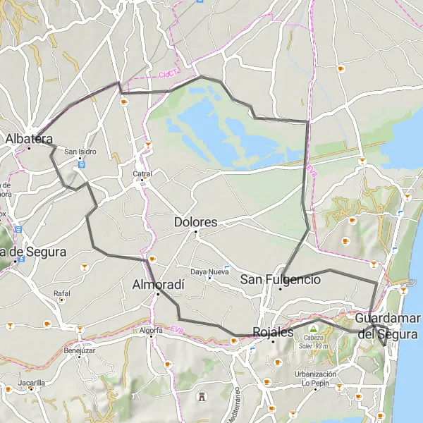 Miniatura della mappa di ispirazione al ciclismo "Escursione in bicicletta di 64 km da Guardamar del Segura" nella regione di Comunitat Valenciana, Spain. Generata da Tarmacs.app, pianificatore di rotte ciclistiche