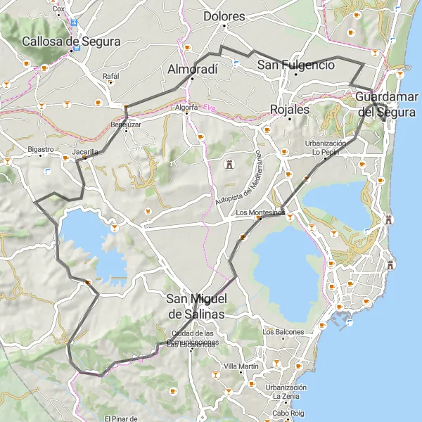 Miniatura della mappa di ispirazione al ciclismo "Giro in Bici da Guardamar del Segura a Los Montesinos e Almoradí" nella regione di Comunitat Valenciana, Spain. Generata da Tarmacs.app, pianificatore di rotte ciclistiche