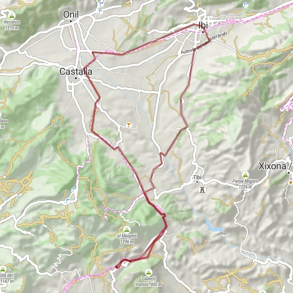 Map miniature of "Gravel loop from Ibi to Castalla" cycling inspiration in Comunitat Valenciana, Spain. Generated by Tarmacs.app cycling route planner