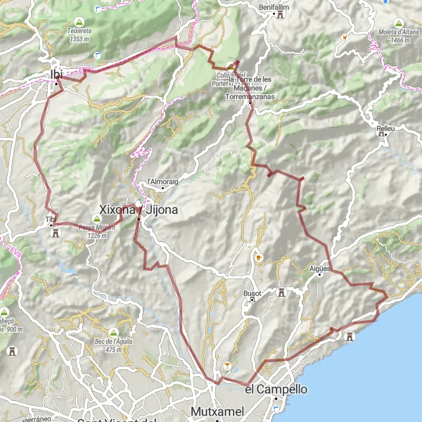 Miniaturekort af cykelinspirationen "Gruscykelrute fra Ibi gennem Aigües bjergene" i Comunitat Valenciana, Spain. Genereret af Tarmacs.app cykelruteplanlægger
