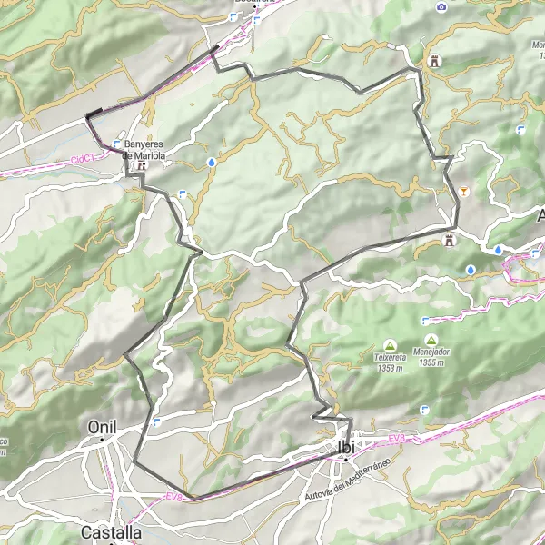 Map miniature of "Road cycling loop around Ibi and Banyeres de Mariola" cycling inspiration in Comunitat Valenciana, Spain. Generated by Tarmacs.app cycling route planner