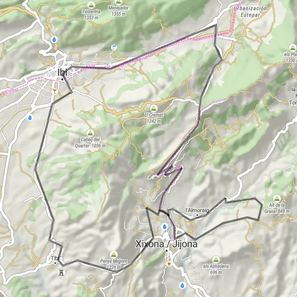 Miniaturekort af cykelinspirationen "Landevejscykelrute fra Ibi til Xixona" i Comunitat Valenciana, Spain. Genereret af Tarmacs.app cykelruteplanlægger