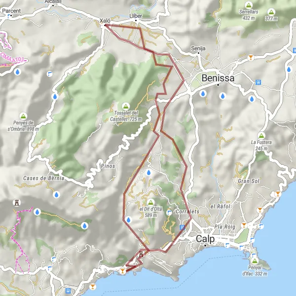 Miniatura della mappa di ispirazione al ciclismo "Gravel: Jalón to Castellet de Calp Loop" nella regione di Comunitat Valenciana, Spain. Generata da Tarmacs.app, pianificatore di rotte ciclistiche