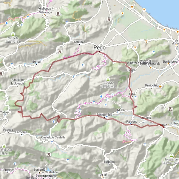 Miniatua del mapa de inspiración ciclista "Ruta por caminos de grava cerca de Jalón" en Comunitat Valenciana, Spain. Generado por Tarmacs.app planificador de rutas ciclistas