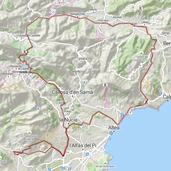 Miniatua del mapa de inspiración ciclista "Experiencia épica en bicicleta cerca de Jalón" en Comunitat Valenciana, Spain. Generado por Tarmacs.app planificador de rutas ciclistas