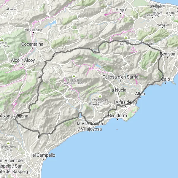 Miniature de la carte de l'inspiration cycliste "Jalón -Calp - Altea - Torre de Bellaguarda - la Vila Joiosa / Villajoyosa - Aigües - Mirador del Mont Calvari - Busot - Xixona / Jijona - Alt de la Grana - Penyes de Martí - Benifallim - Quatretondeta - Penya de la Cova - Tossal de la Creu - Benigembla - Mirador del Terrer" dans la Comunitat Valenciana, Spain. Générée par le planificateur d'itinéraire cycliste Tarmacs.app