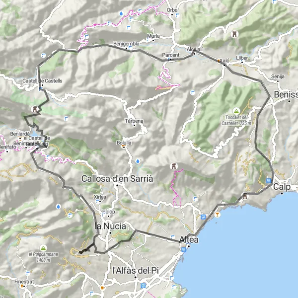 Miniature de la carte de l'inspiration cycliste "Route des collines de Jalón" dans la Comunitat Valenciana, Spain. Générée par le planificateur d'itinéraire cycliste Tarmacs.app