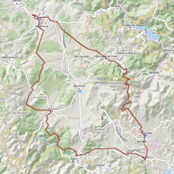 Map miniature of "Gravel Route: Jérica to Caudiel" cycling inspiration in Comunitat Valenciana, Spain. Generated by Tarmacs.app cycling route planner