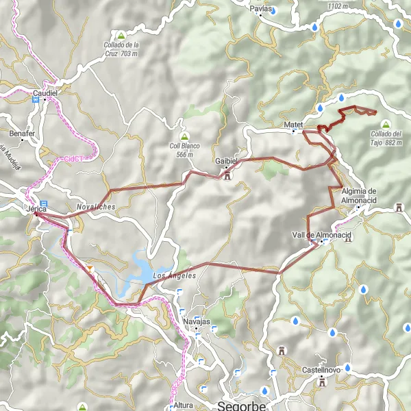 Miniatua del mapa de inspiración ciclista "Ruta de Ciclismo por Grava desde Jérica" en Comunitat Valenciana, Spain. Generado por Tarmacs.app planificador de rutas ciclistas