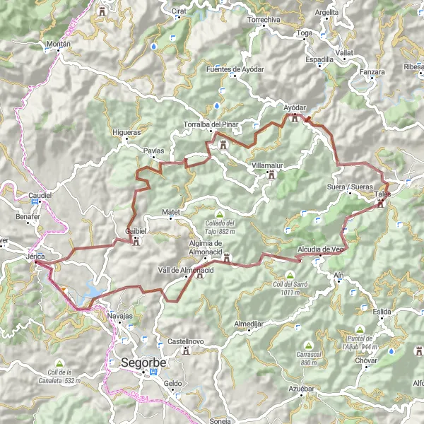 Miniatuurkaart van de fietsinspiratie "Uitdagende gravelroute rond Jérica" in Comunitat Valenciana, Spain. Gemaakt door de Tarmacs.app fietsrouteplanner