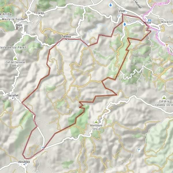 Miniatua del mapa de inspiración ciclista "Ruta de ciclismo de montaña en Jérica" en Comunitat Valenciana, Spain. Generado por Tarmacs.app planificador de rutas ciclistas