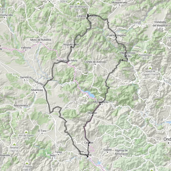 Miniatuurkaart van de fietsinspiratie "Rondrit vanuit Jérica" in Comunitat Valenciana, Spain. Gemaakt door de Tarmacs.app fietsrouteplanner