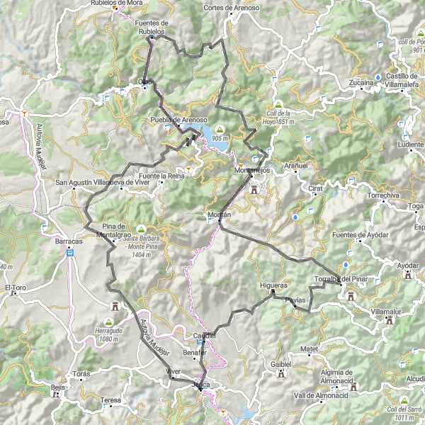 Miniatura mapy "Jérica - Collado de las Horcas - Villanueva de Viver - Mirador Cruz del Viso - Fuentes de Rubielos - la Copa - Monte Calvario - Torralba del Pinar - Collado de la Cruz - Benafer" - trasy rowerowej w Comunitat Valenciana, Spain. Wygenerowane przez planer tras rowerowych Tarmacs.app