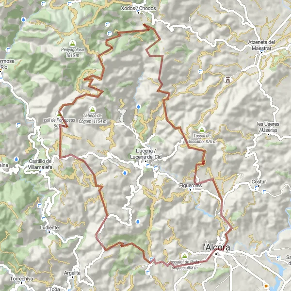 Miniature de la carte de l'inspiration cycliste "Défi sur les collines autour de l'Alcora" dans la Comunitat Valenciana, Spain. Générée par le planificateur d'itinéraire cycliste Tarmacs.app