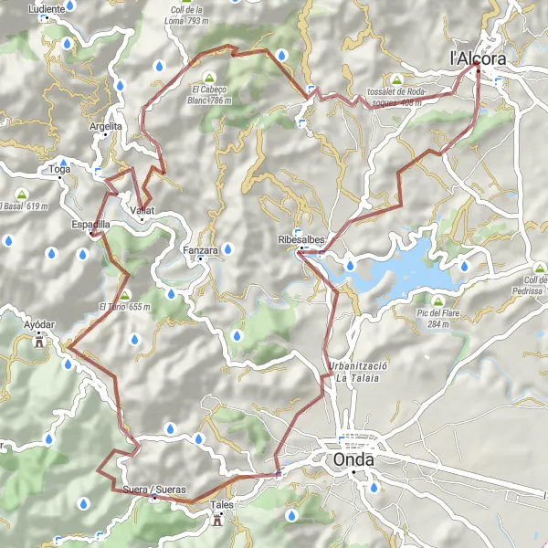 Map miniature of "Mountain Passes of Ribesalbes" cycling inspiration in Comunitat Valenciana, Spain. Generated by Tarmacs.app cycling route planner