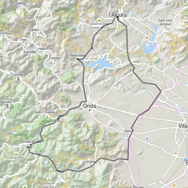 Miniature de la carte de l'inspiration cycliste "La boucle de l'Alcora - Coll de la Pedrissa - Onda" dans la Comunitat Valenciana, Spain. Générée par le planificateur d'itinéraire cycliste Tarmacs.app