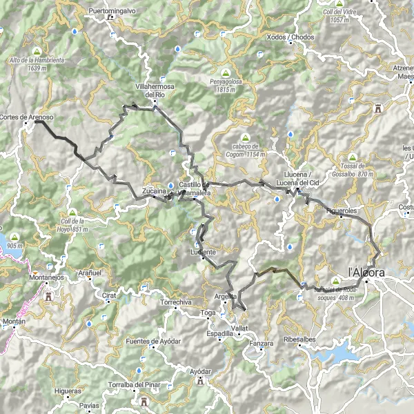 Miniaturekort af cykelinspirationen "Landevejscykling fra l'Alcora til Coll de Castejon" i Comunitat Valenciana, Spain. Genereret af Tarmacs.app cykelruteplanlægger