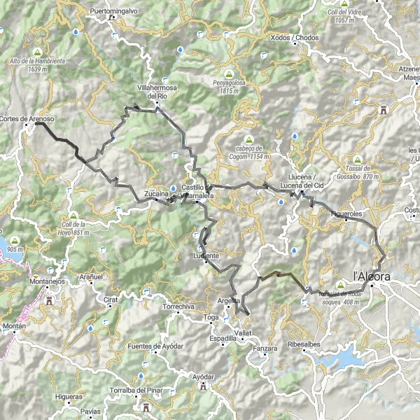 Miniatura della mappa di ispirazione al ciclismo "Ciclismo attraverso la storia tra Zucaina e Ludiente" nella regione di Comunitat Valenciana, Spain. Generata da Tarmacs.app, pianificatore di rotte ciclistiche