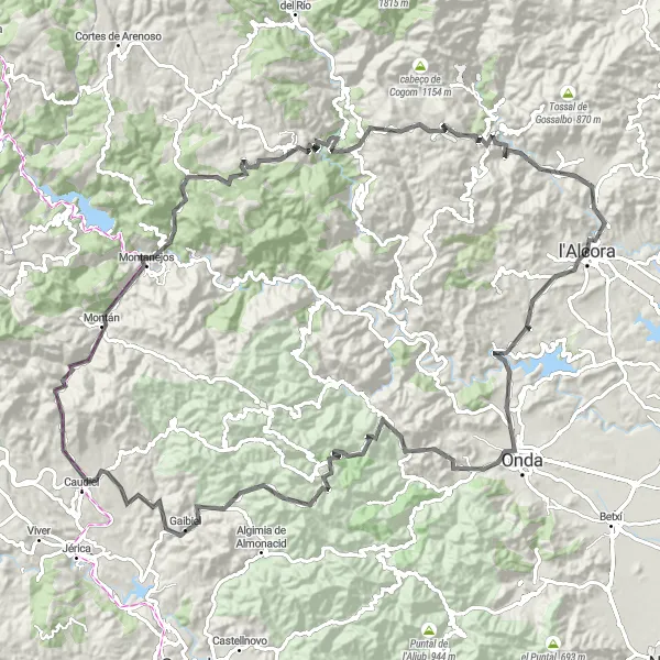 Miniatua del mapa de inspiración ciclista "Ruta circular en bicicleta desde l'Alcora" en Comunitat Valenciana, Spain. Generado por Tarmacs.app planificador de rutas ciclistas