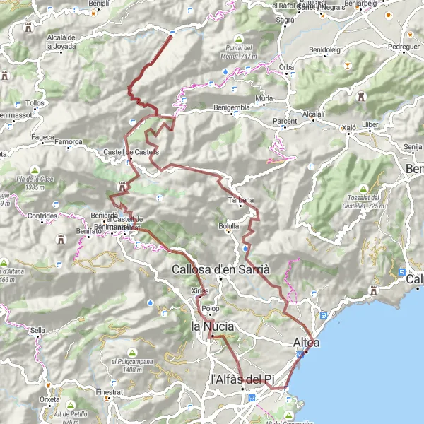 Karten-Miniaturansicht der Radinspiration "Ausgedehnte Gravel-Tour um l'Alfàs del Pi" in Comunitat Valenciana, Spain. Erstellt vom Tarmacs.app-Routenplaner für Radtouren