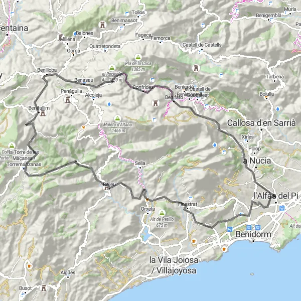 Miniatura della mappa di ispirazione al ciclismo "Road Cycling Avventura nel Cuore della Natura di l'Alfàs del Pi" nella regione di Comunitat Valenciana, Spain. Generata da Tarmacs.app, pianificatore di rotte ciclistiche
