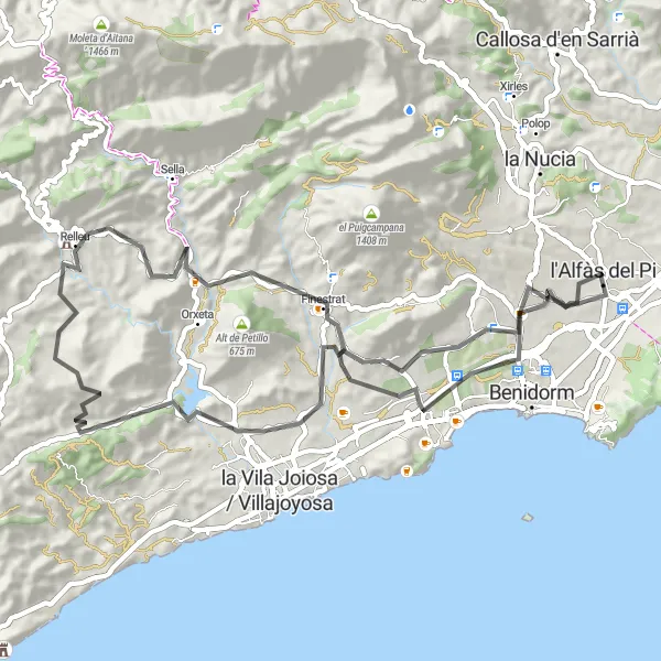Miniature de la carte de l'inspiration cycliste "Tour de l'Amadorio" dans la Comunitat Valenciana, Spain. Générée par le planificateur d'itinéraire cycliste Tarmacs.app
