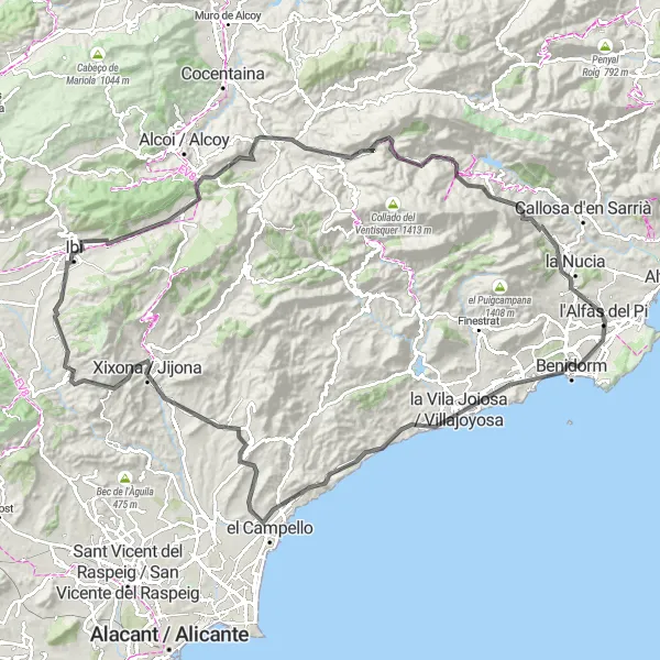 Miniatuurkaart van de fietsinspiratie "Uitdagende wegroutes vanuit l'Alfàs del Pi" in Comunitat Valenciana, Spain. Gemaakt door de Tarmacs.app fietsrouteplanner