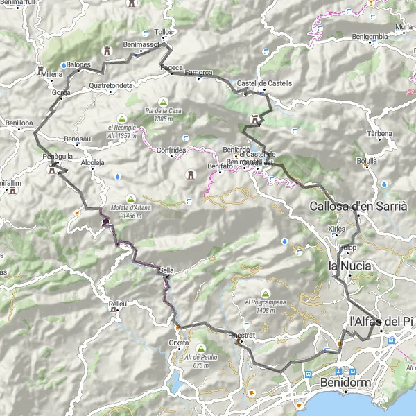 Miniatura della mappa di ispirazione al ciclismo "Scenic Road Cycling Experience near l'Alfàs del Pi" nella regione di Comunitat Valenciana, Spain. Generata da Tarmacs.app, pianificatore di rotte ciclistiche