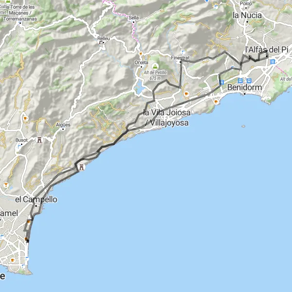 Miniatura mapy "Siły i wyzwania trasy szosowej wokół l'Alfàs del Pi" - trasy rowerowej w Comunitat Valenciana, Spain. Wygenerowane przez planer tras rowerowych Tarmacs.app