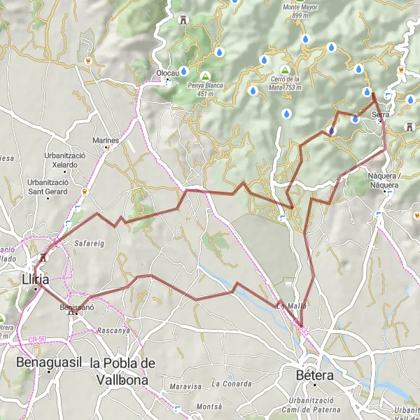 Miniaturní mapa "Okružní cyklistická trasa kolem Llírie - Gravel" inspirace pro cyklisty v oblasti Comunitat Valenciana, Spain. Vytvořeno pomocí plánovače tras Tarmacs.app