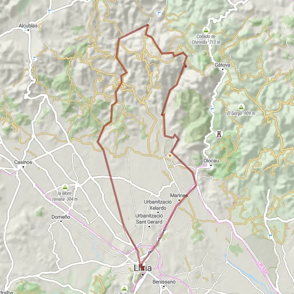 Miniaturní mapa "Okružní cyklistická trasa kolem Llírie - Gravel" inspirace pro cyklisty v oblasti Comunitat Valenciana, Spain. Vytvořeno pomocí plánovače tras Tarmacs.app