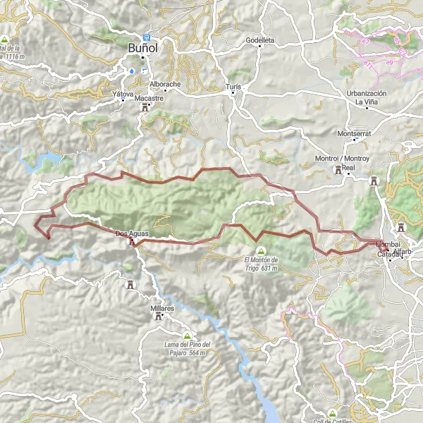 Miniatura della mappa di ispirazione al ciclismo "Giro in bicicletta attraverso Catadau e Dos Aguas" nella regione di Comunitat Valenciana, Spain. Generata da Tarmacs.app, pianificatore di rotte ciclistiche